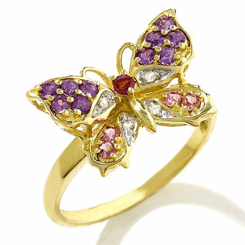 Main Image 1 of Amethyst, Pink Tourmaline and Brazilian Garnet Butterfly Ring in 14K Gold with Diamond Accents