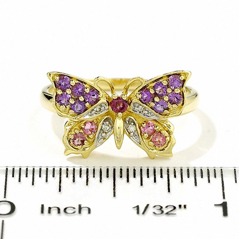 Main Image 2 of Amethyst, Pink Tourmaline and Brazilian Garnet Butterfly Ring in 14K Gold with Diamond Accents