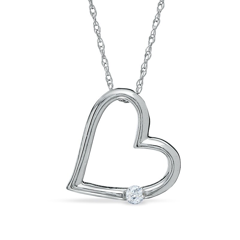 Diamond Accent Slant Heart Pendant in 10K White Gold