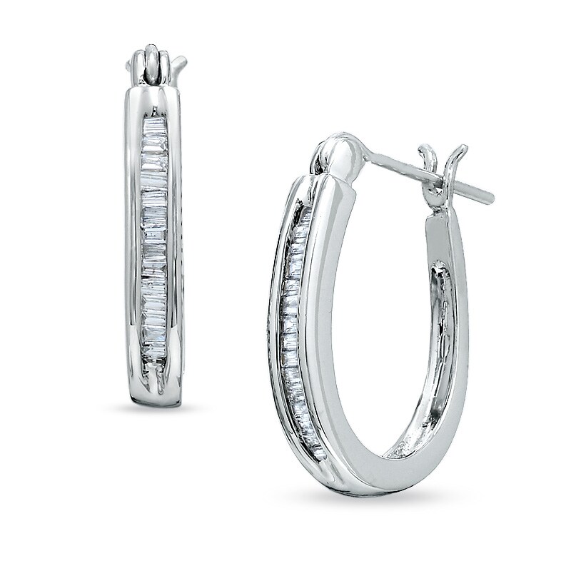Main Image 1 of 1/4 CT. T.W. Baguette Diamond Channel Hoop Earrings in 14K White Gold