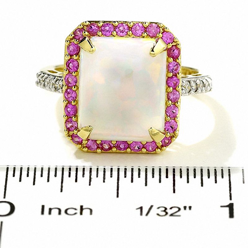 Octagonal Lab-Created Opal, Pink Sapphire and 1/8 CT. T.W. Diamond Ring in 14K Gold
