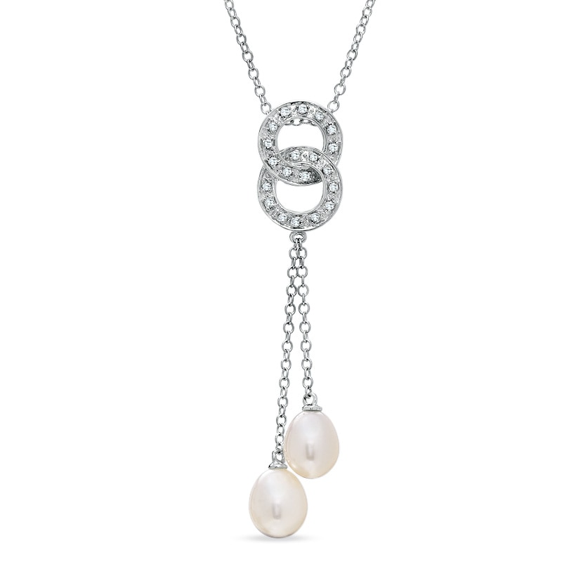 Main Image 1 of 6.0-6.5mm Freshwater Cultured Pearl and Double Diamond Accent Circle Pendant in 14K White Gold