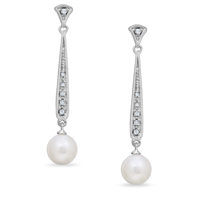 7.0-7.5mm Cultured Freshwater Pearl Stick Earrings with Diamond Accents in 14K White Gold