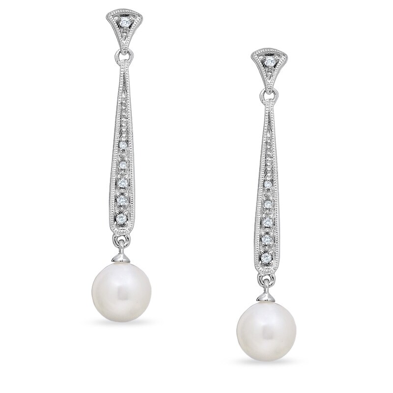 Main Image 1 of 7.0-7.5mm Freshwater Cultured Pearl Stick Earrings with Diamond Accents in 14K White Gold