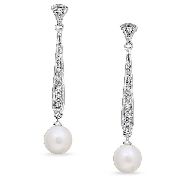 7.0-7.5mm Cultured Freshwater Pearl Stick Earrings with Diamond Accents in 14K White Gold