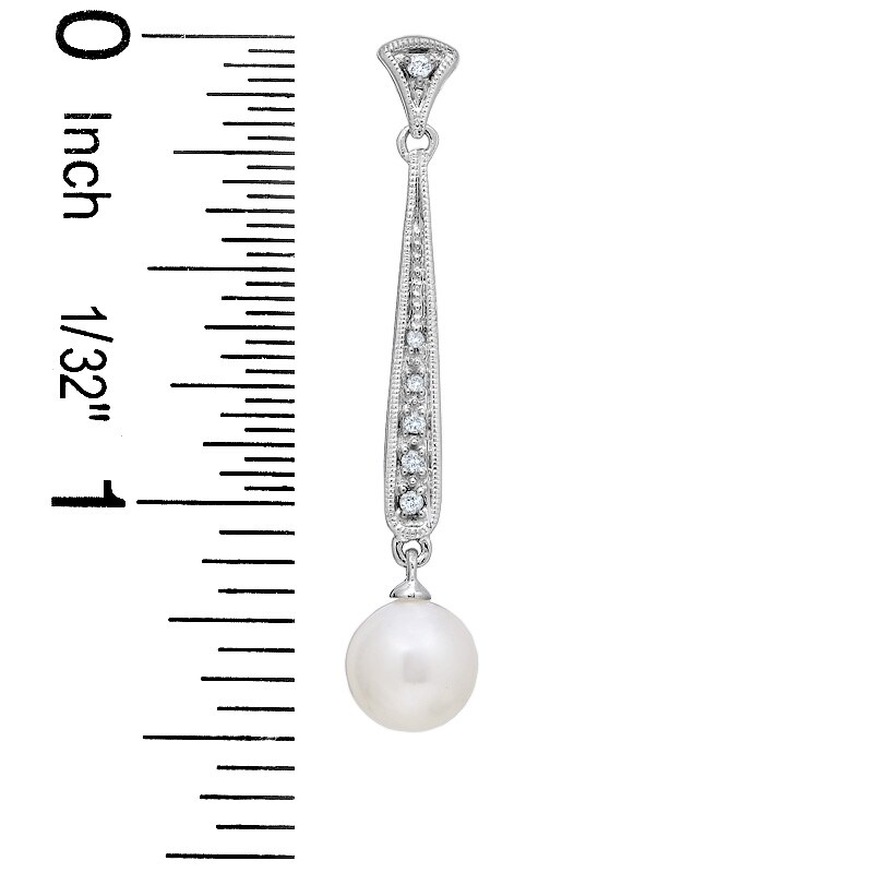 Main Image 2 of 7.0-7.5mm Freshwater Cultured Pearl Stick Earrings with Diamond Accents in 14K White Gold