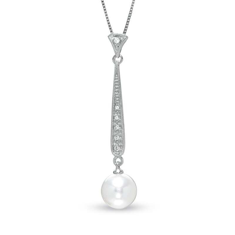 Main Image 1 of 7.5-8.0mm Freshwater Cultured Pearl Stick Pendant with Diamond Accents in 14K White Gold