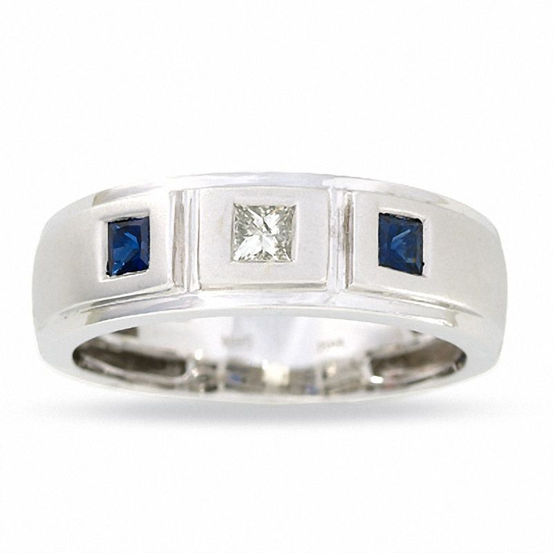 Main Image 1 of Men's Sapphire and Diamond Three Stone Ring in 14K White Gold