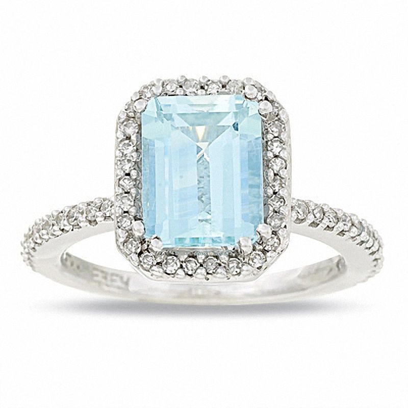 Main Image 1 of Emerald-Cut Aquamarine and Diamond Ring in 14K White Gold