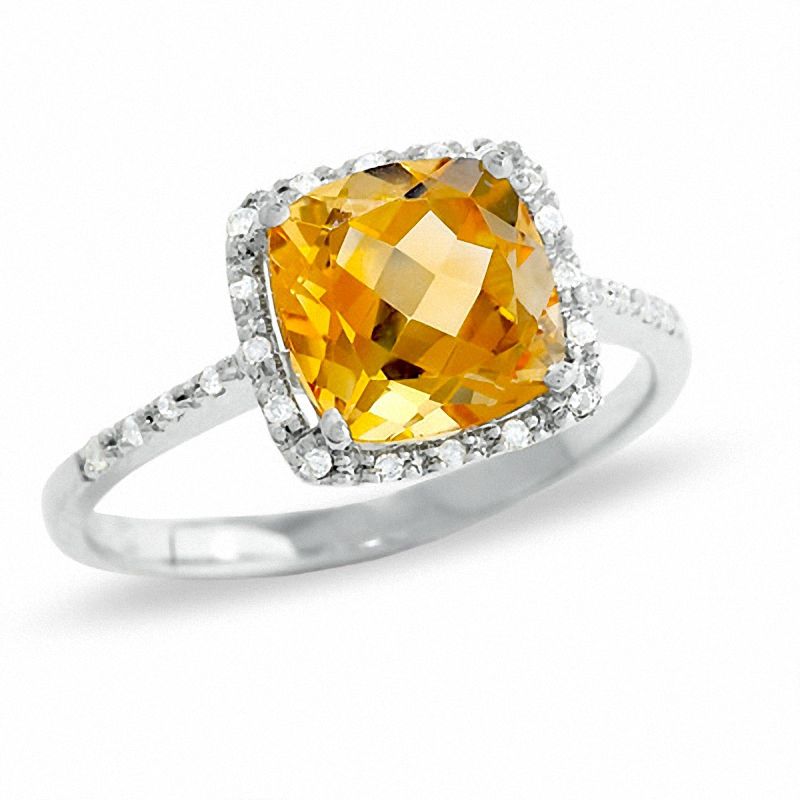 Cushion Cut Citrine Ring in 14K White Gold with Diamond Accents