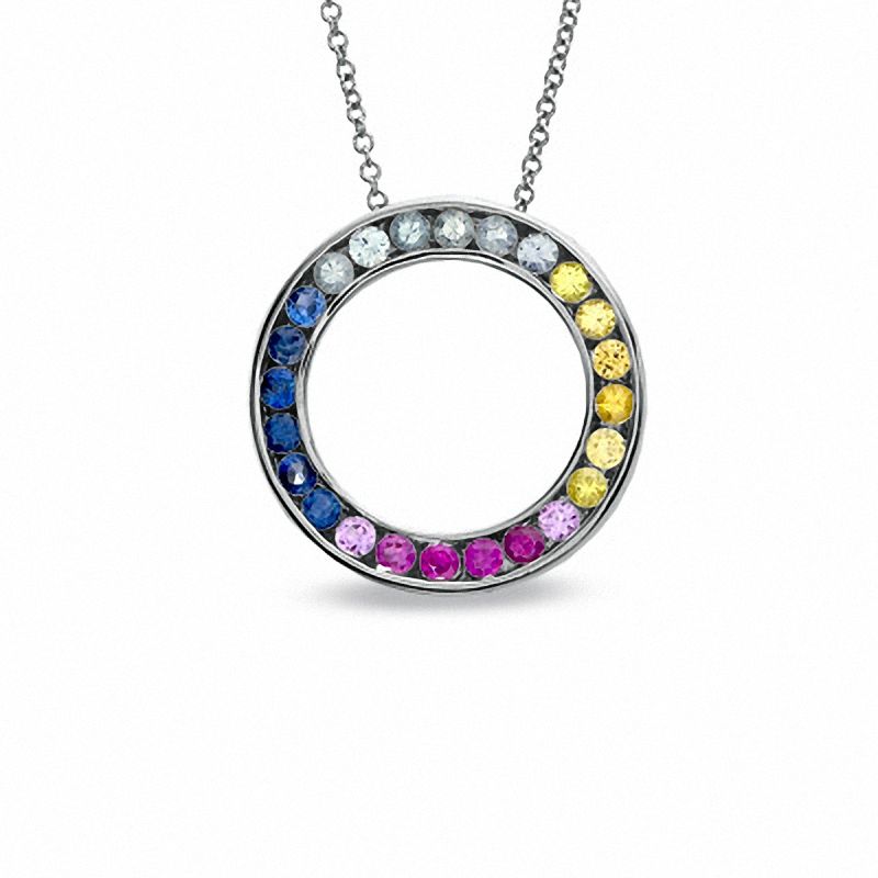Main Image 1 of Multi-Color Sapphire Circle Pendant in 14K White Gold