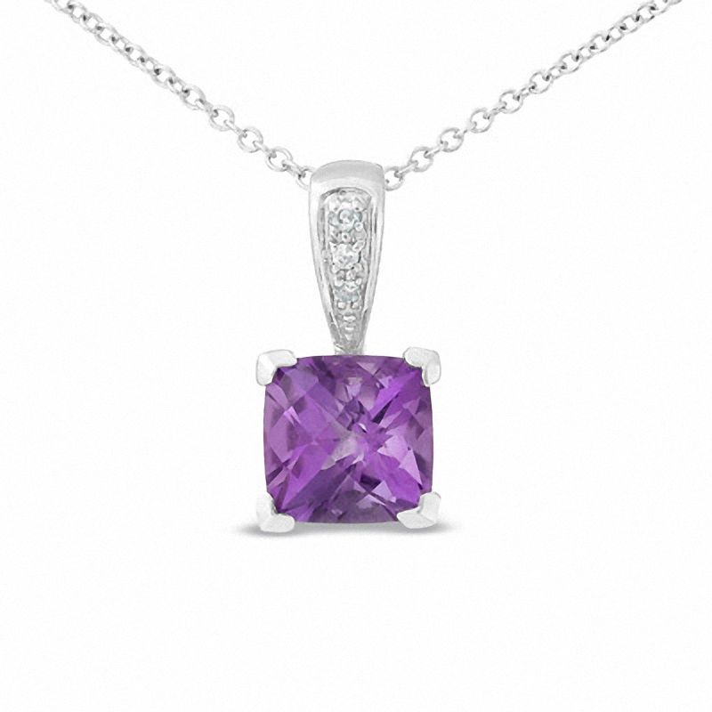 Main Image 1 of Square Amethyst Pendant with Diamond Accents in 14K White Gold