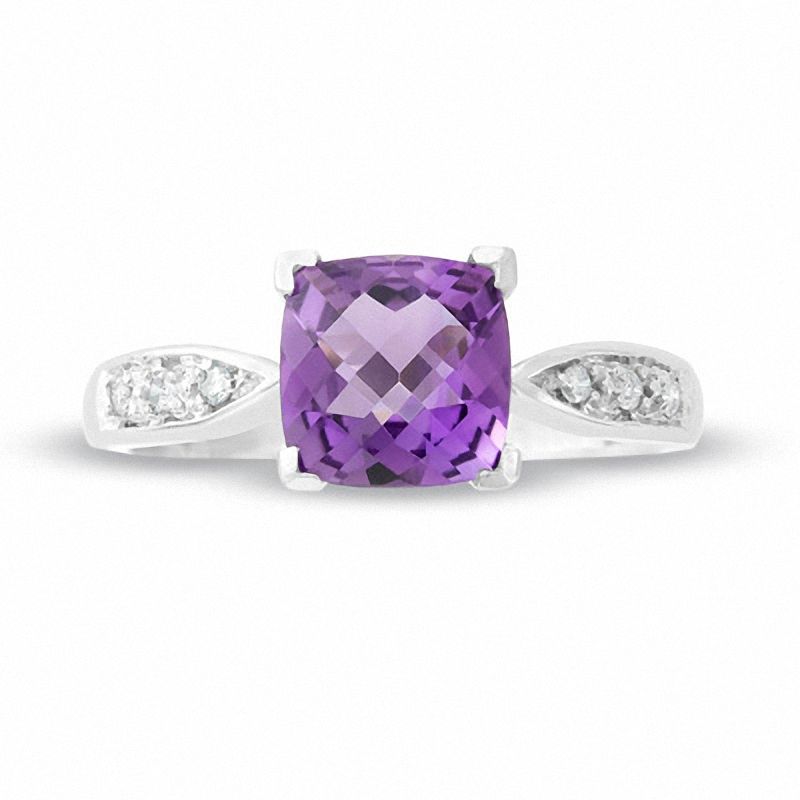 7.0mm Square Amethyst and Diamond Ring in 14K White Gold