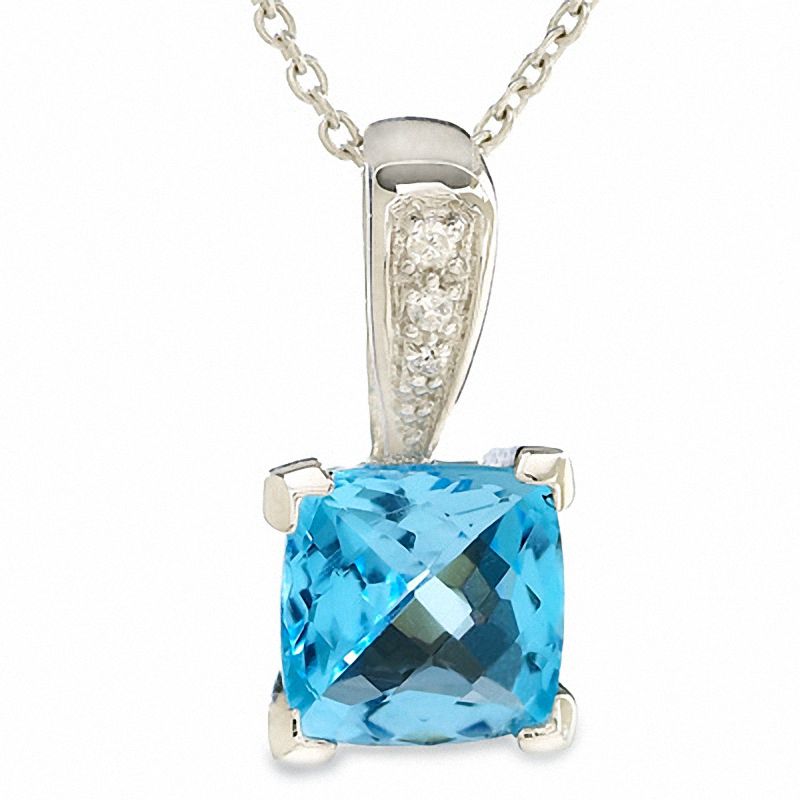 Main Image 1 of Square Blue Topaz Pendant in 14K White Gold with Diamond Accents