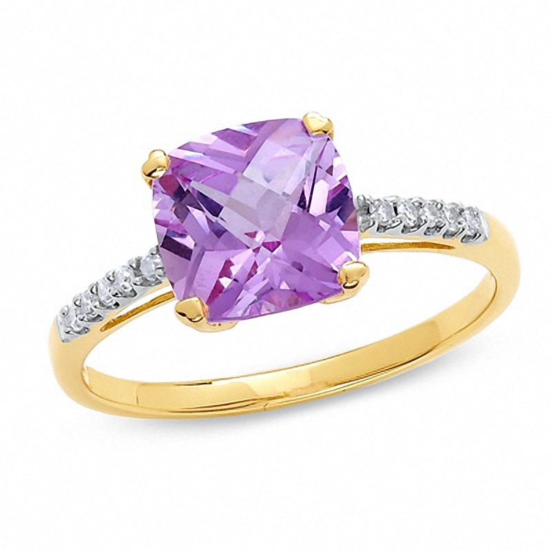 Main Image 1 of Cushion-Cut Lab-Created Pink Sapphire Ring in 14K Gold with Diamond Accents