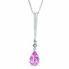 Thumbnail Image 1 of Pear-Shaped Lab-Created Pink Sapphire and Diamond Stick Pendant in 14K Gold