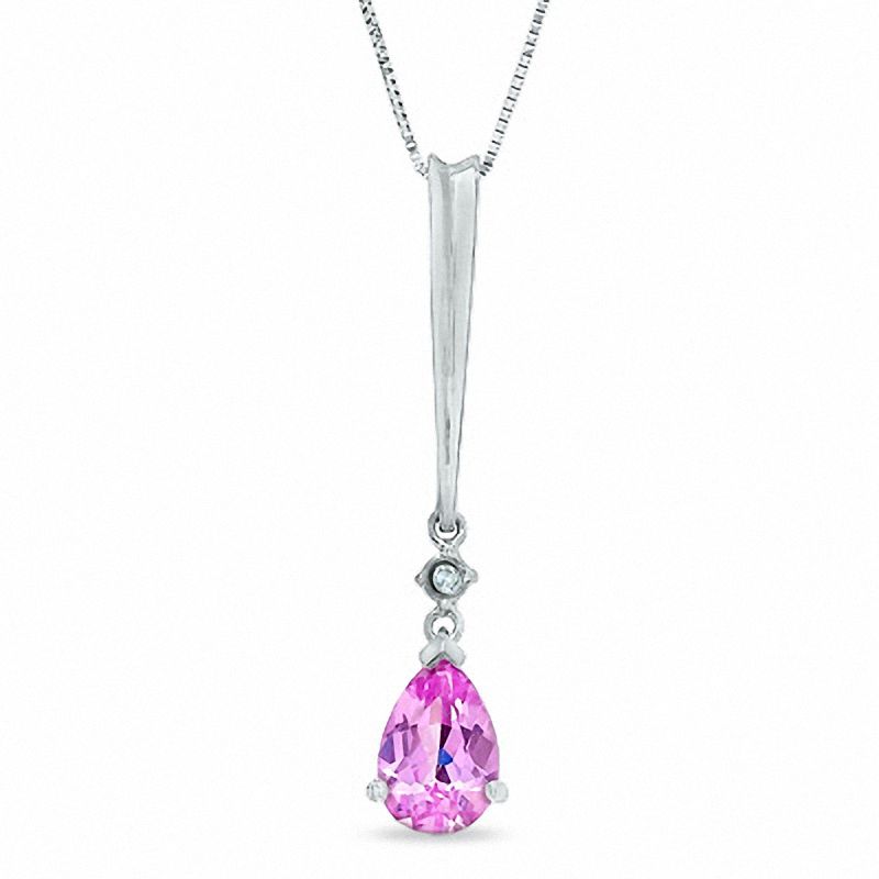 Main Image 1 of Pear-Shaped Lab-Created Pink Sapphire and Diamond Stick Pendant in 14K Gold