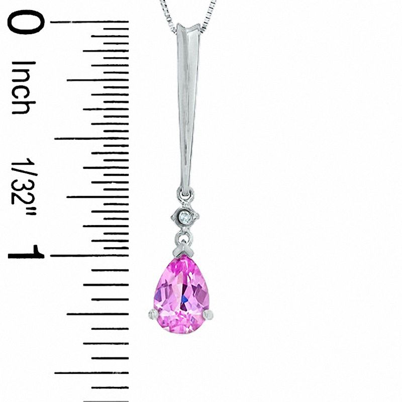 Main Image 2 of Pear-Shaped Lab-Created Pink Sapphire and Diamond Stick Pendant in 14K Gold