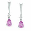 Thumbnail Image 1 of Pear-Shaped Lab-Created Pink Sapphire and Diamond Stick Earrings in 14K Gold