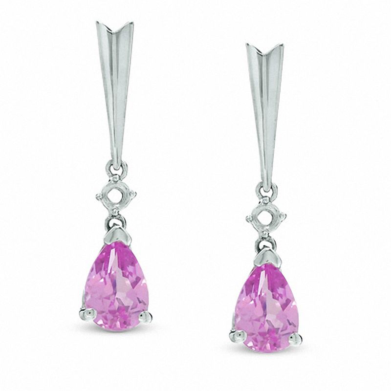 Main Image 1 of Pear-Shaped Lab-Created Pink Sapphire and Diamond Stick Earrings in 14K Gold