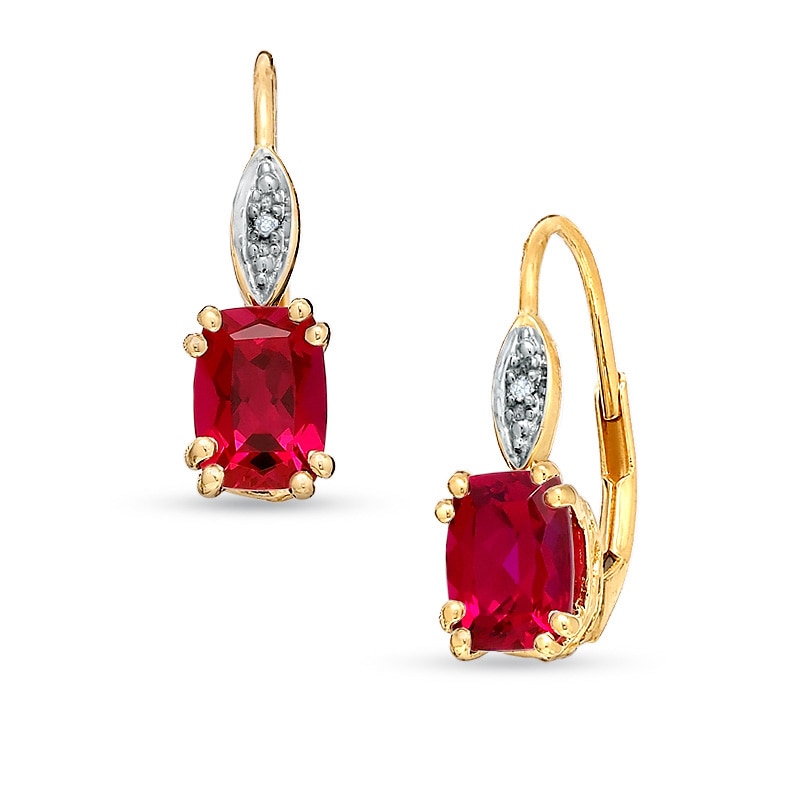 Main Image 1 of Cushion-Cut Lab-Created Ruby and Diamond Accent Drop Earrings in 10K Gold