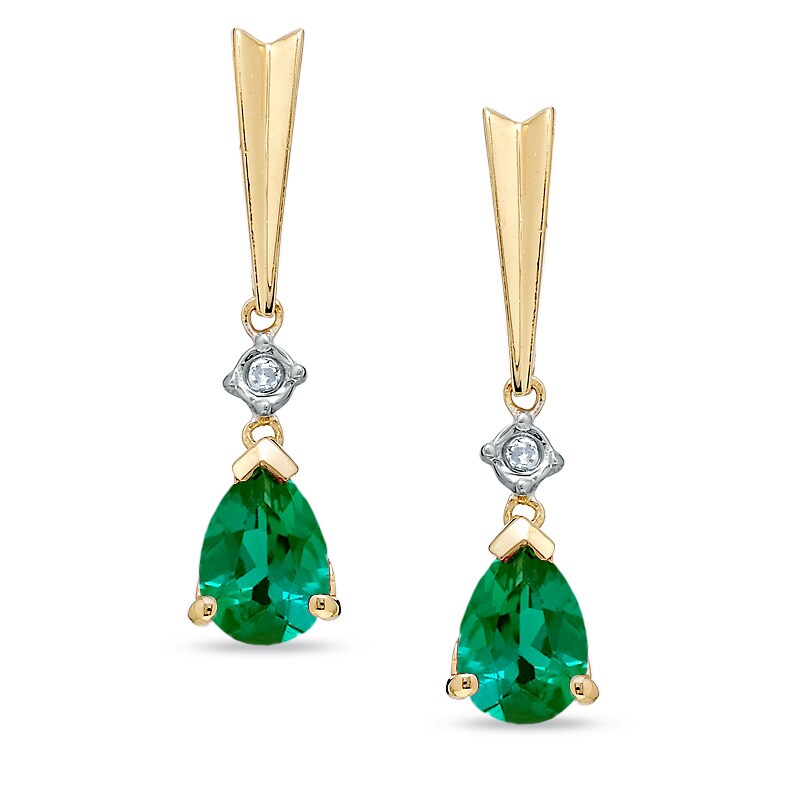 Main Image 1 of Pear-Shaped Lab-Created Emerald and Diamond Stick Earrings in 14K Gold