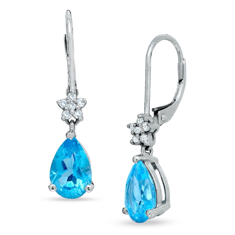 Pear-Shaped Blue Topaz Leverback Earrings in 14K White Gold with Diamond Accents