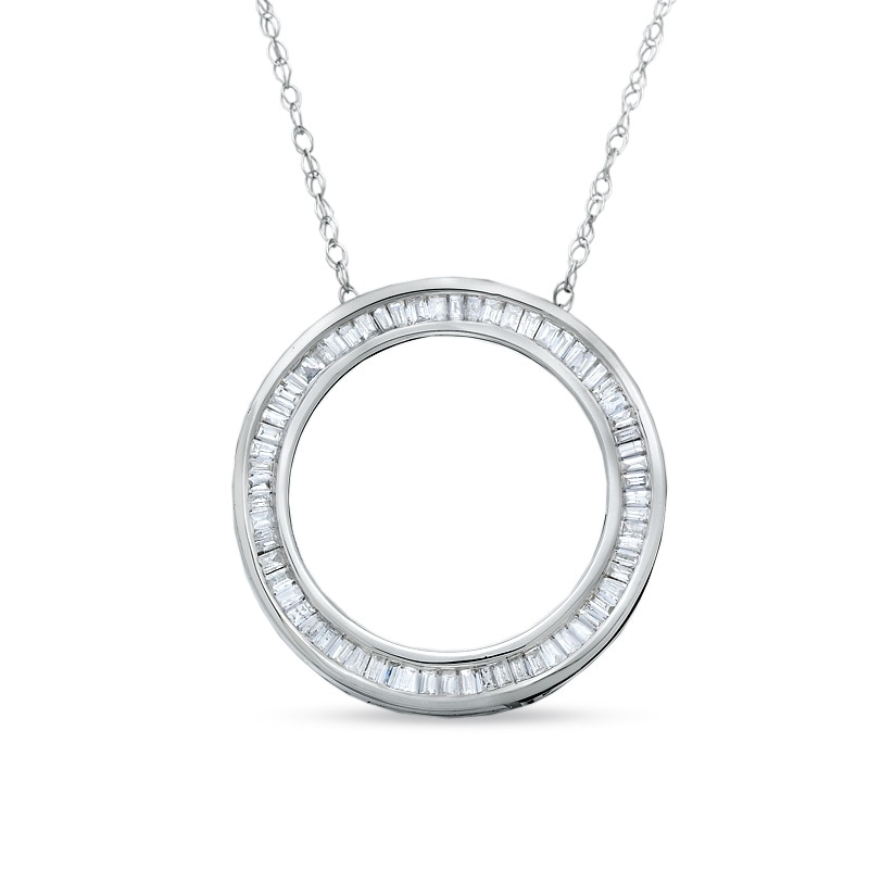 Main Image 1 of 1/3 CT. T.W. Baguette Diamond Circle Pendant in 14K White Gold