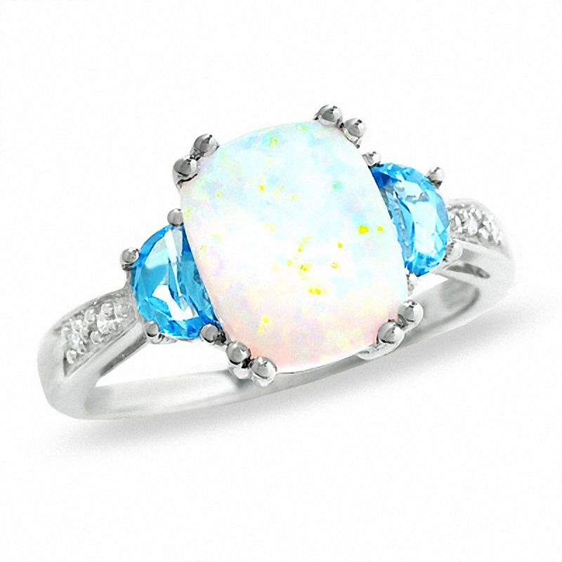 Cushion-Cut Lab-Created Opal and Blue Topaz Ring in 14K White Gold with Diamond Accents