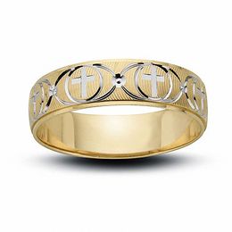 Men's 6.0mm Cross and Wave Wedding Band in 10K Two-Tone Gold