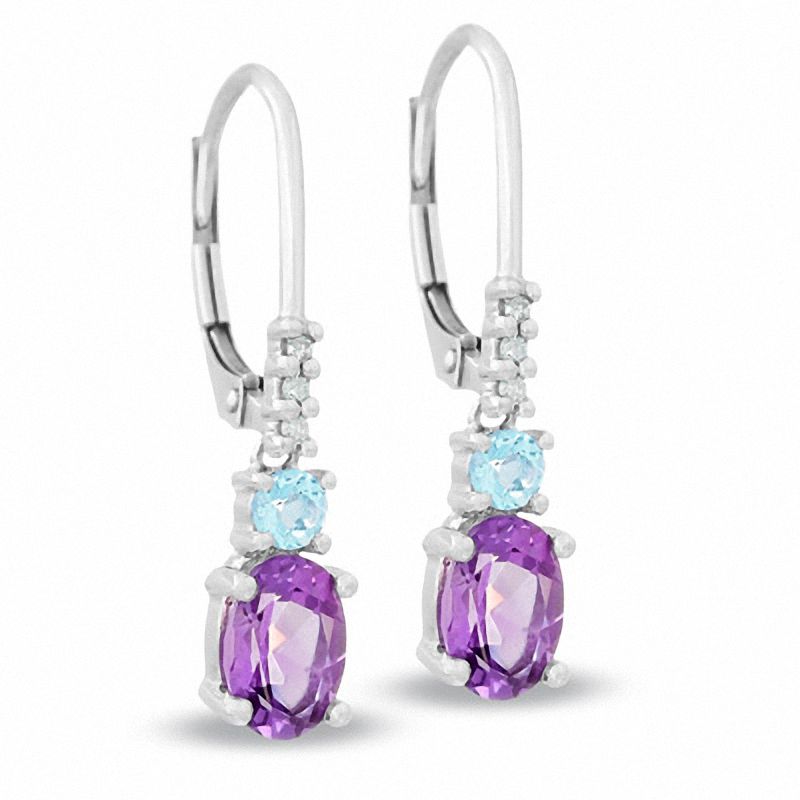 Main Image 1 of Oval Amethyst and Aquamarine Earrings with Diamond Accents in 14K White Gold