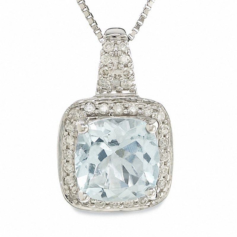 Main Image 1 of Cushion-Cut Aquamarine Pendant in 14K White Gold with Diamond Accents