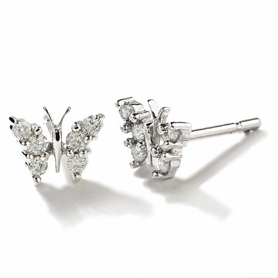 White Gold Finish Ladies Black White Pave Diamond Butterfly Stud Earrings 1/3 ct 