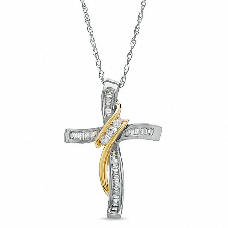 Main Image 1 of 1/4 CT. T.W. Round and Baguette Diamond Wrapped Cross Pendant in 14K Two-Tone Gold
