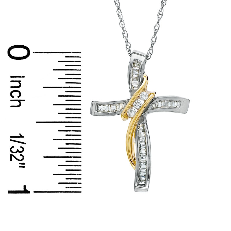 Main Image 2 of 1/4 CT. T.W. Round and Baguette Diamond Wrapped Cross Pendant in 14K Two-Tone Gold