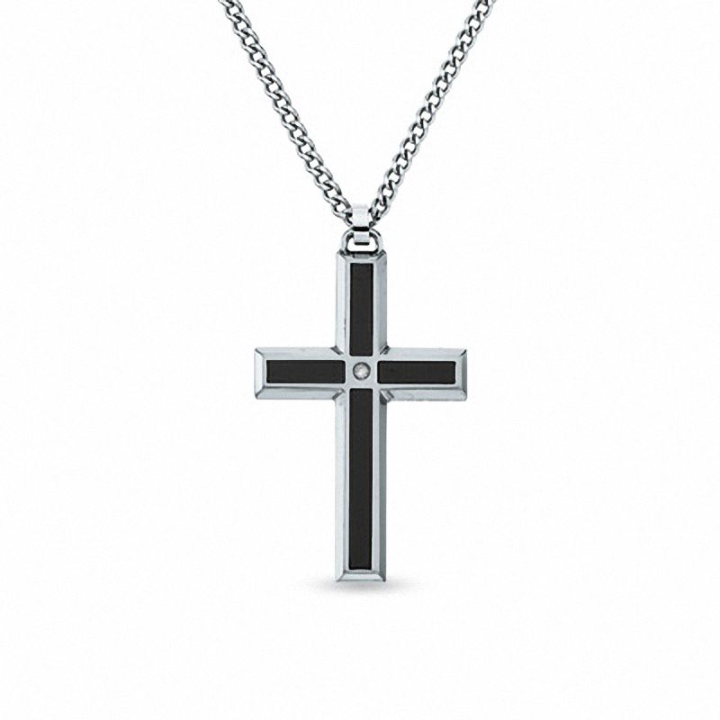 Main Image 1 of Men's Stainless Steel and Enamel Cross Pendant with Diamond Accents