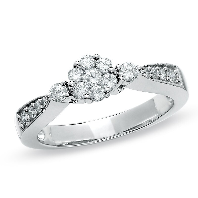 Main Image 1 of 1/2 CT. T.W. Composite Diamond Flower Ring in 10K White Gold