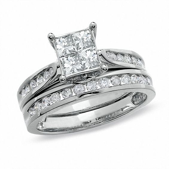 Round Princess Diamond Engagement Ring Bridal Set White Gold Platinum finish 