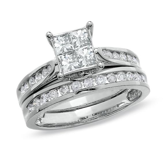 3 Stone Princess Cut Diamond Engagement Ring with Channel Set Diamond Accents in 14K White Gold