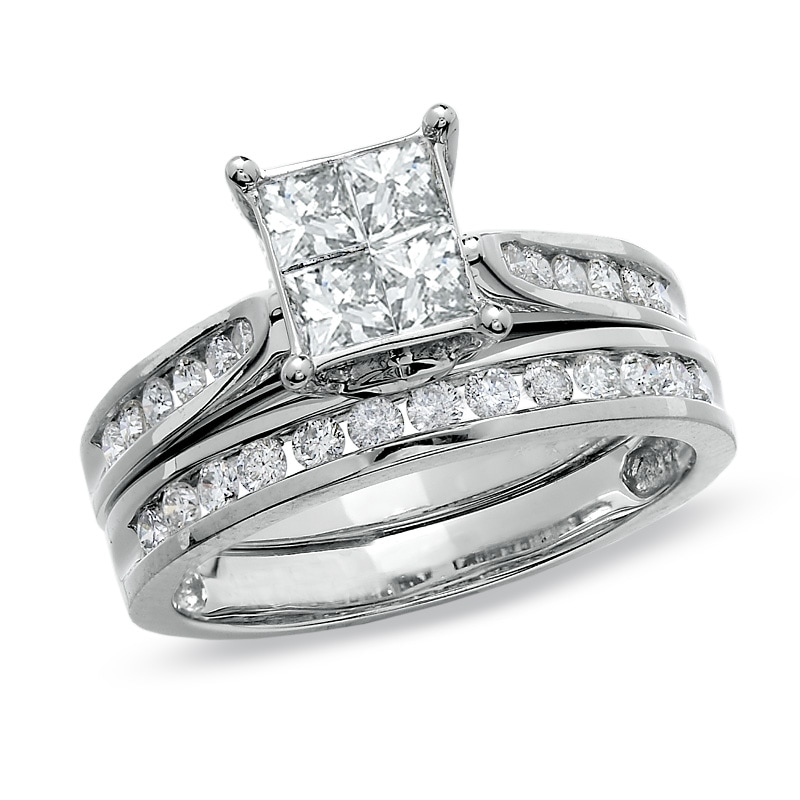 14k White Gold Over Princess Diamond Cut Engagement Wedding Band Bridal Ring Set