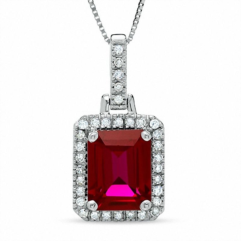 Main Image 1 of Lab-Created Octagonal Ruby Pendant in 14K White Gold with Diamond Accents