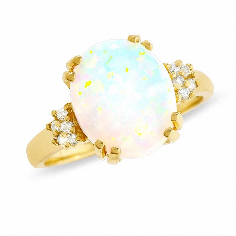 Lab-Created Oval Opal Ring in 14K Gold with Diamond Accents