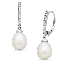 7.0 - 7.5mm Pear-Shaped Cultured Freshwater Pearl and 1/10 CT. T.W. Diamond Drop Earrings in 10K White Gold