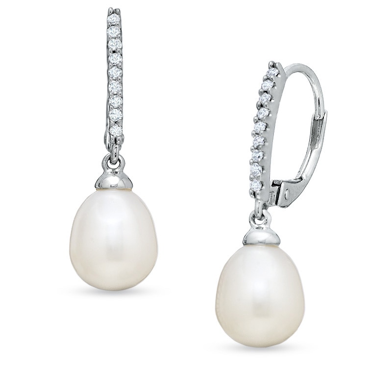 Main Image 1 of 7.0-7.5mm Pear-Shaped Freshwater Cultured Pearl and 1/10 CT. T.W. Diamond Drop Earrings in 10K White Gold