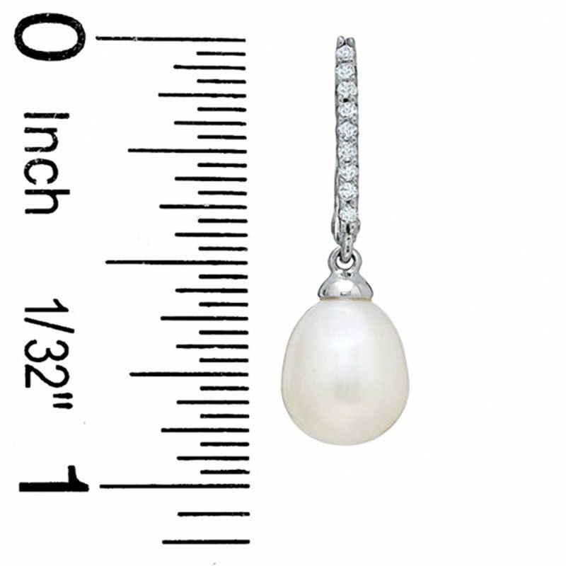 Main Image 2 of 7.0-7.5mm Pear-Shaped Freshwater Cultured Pearl and 1/10 CT. T.W. Diamond Drop Earrings in 10K White Gold