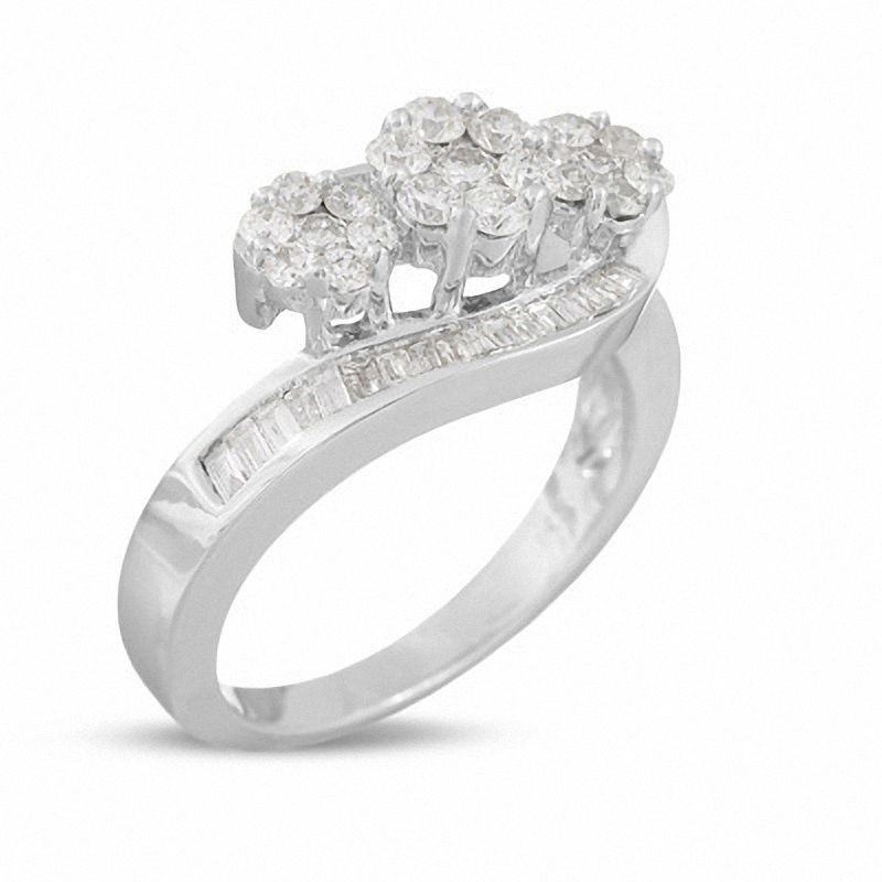 Main Image 2 of 1 CT. T.W. Multi-Diamond Three Flower Bypass Right Hand Ring in 14K White Gold