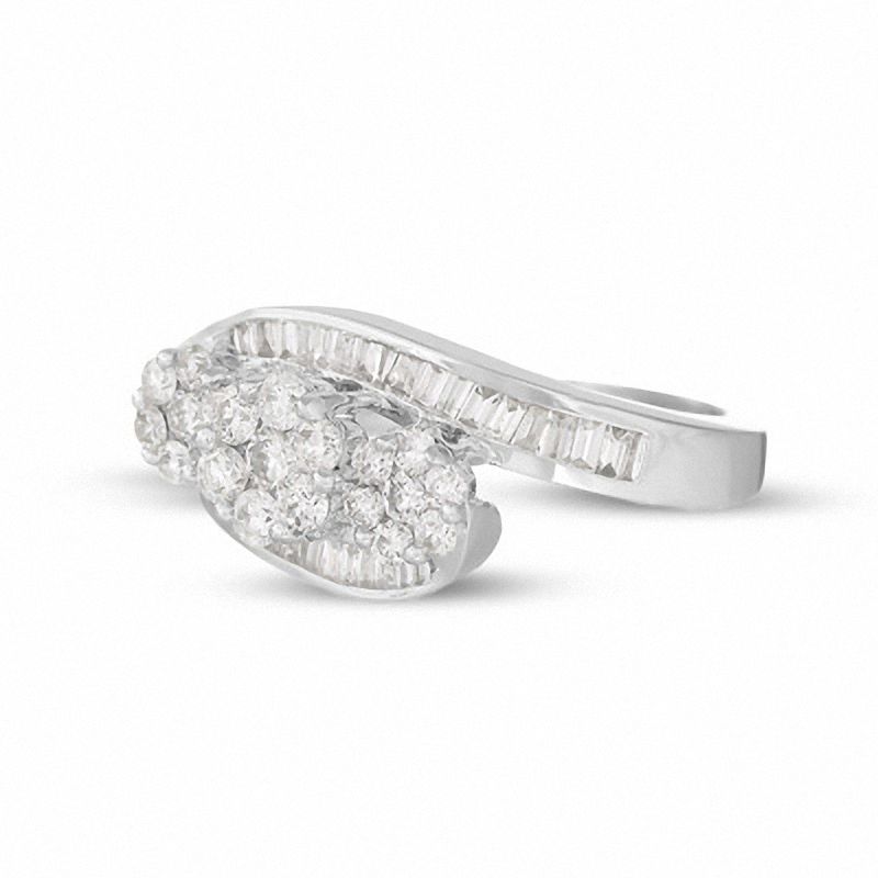Main Image 3 of 1 CT. T.W. Multi-Diamond Three Flower Bypass Right Hand Ring in 14K White Gold