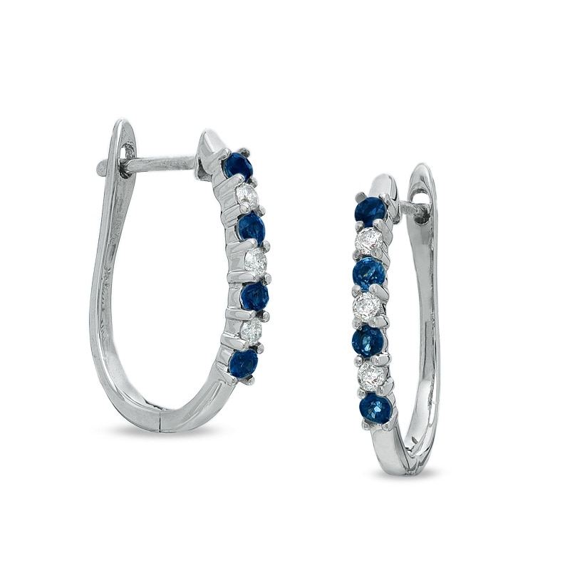 Sapphire and Diamond Hoop Earrings in 14K White Gold