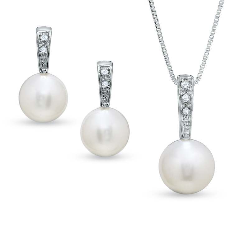 6.5-7.0mm Cultured Freshwater Pearl Pendant and Earring Set with Diamond Accents in 14K White Gold