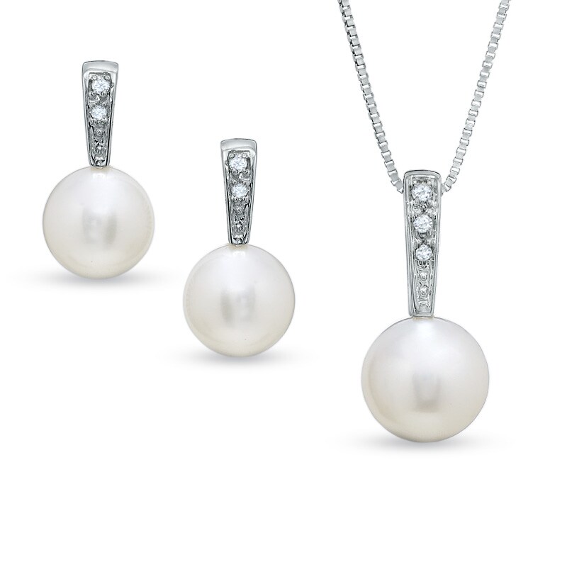 Main Image 1 of 6.5-7.0mm Freshwater Cultured Pearl Pendant and Earring Set with Diamond Accents in 14K White Gold